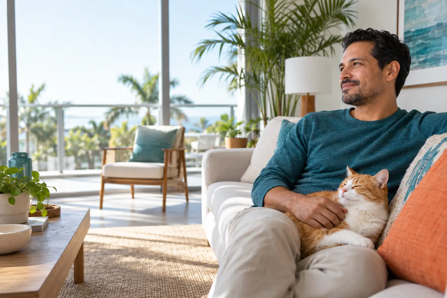 Florida resident relaxing at home with an orange-and-white cat